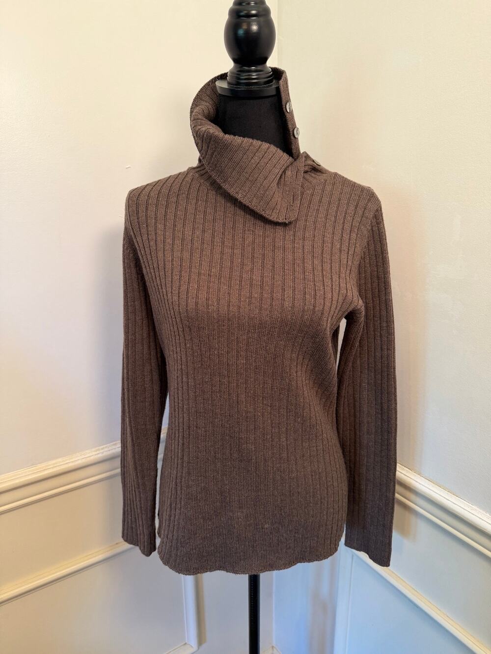VTG Valerie Stevens Merino Wool Brown Ribbed Asymmetrical Button Neck Pullover